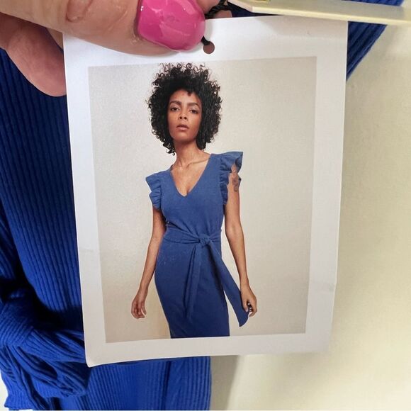 Nation LTD Oriana Ruffled Sash Dress Ribbed Midi Dress Royal Blue Suede NWT - Picture 10 of 14